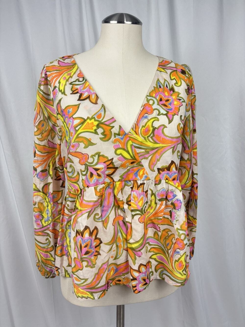 J. Crew Long Sleeve V Neck Floral Blouse Pink Orange Yellow Cotton Silk S Boho